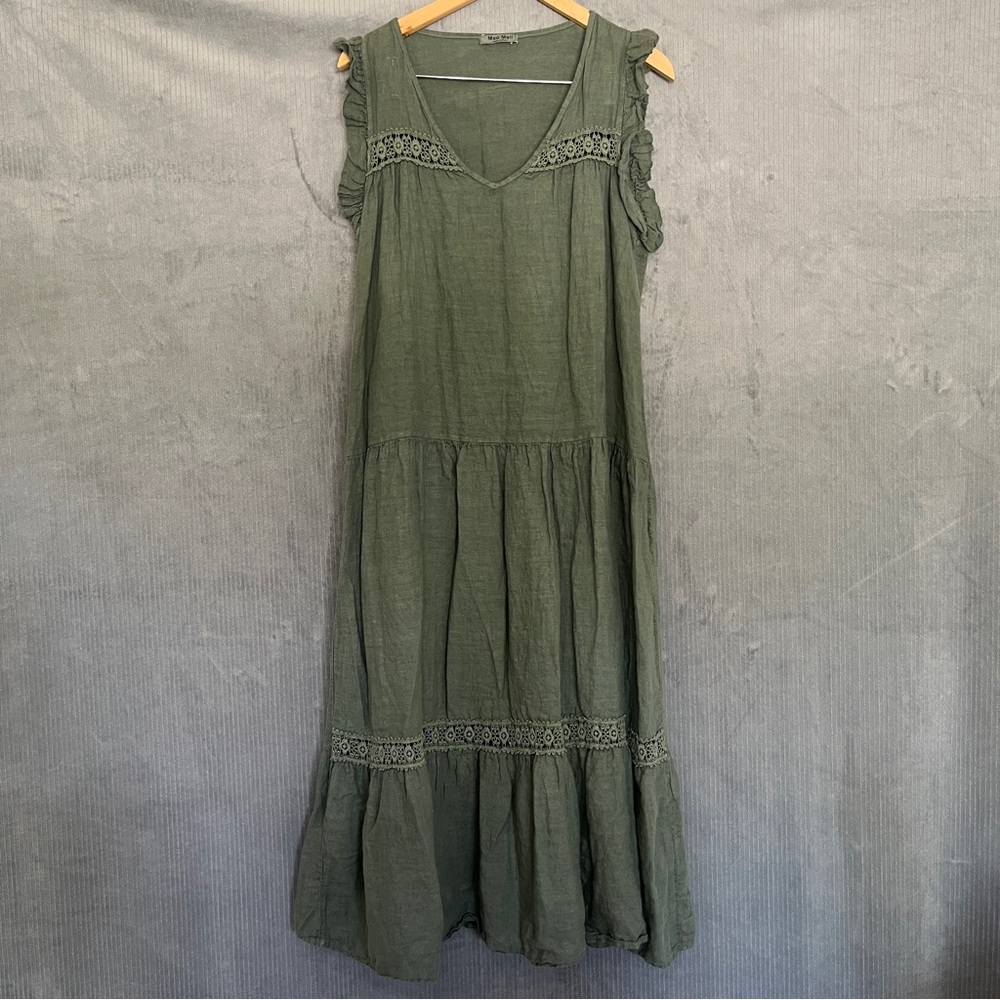 Meo Meli 100% Linen Made in Italy Green Crochet Tiered Maxi Dress Clean